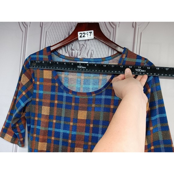 LuLaRoe Dress Women's SZ M Fit & Flare Blue/Bronze Plaid Half Sleeves Pockets EC - Picture 8 of 15